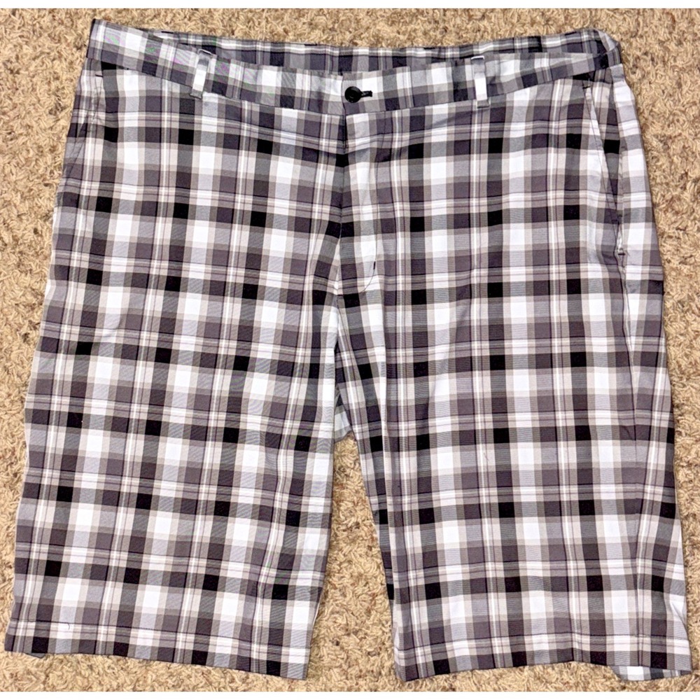 Slazenger‎ Golf Shorts Mens 38 Black Gray Plaid Bermuda Flat Front Inseam 11"